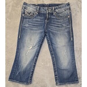 Vigoss Jeans Juniors 7/8 Blue Dublin Capri Distressed Thick Stitch Pockets